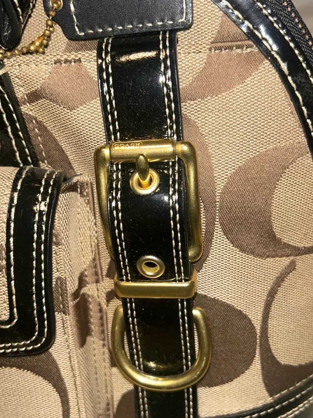 Coach Signature Canvas Satchel with Black Trim and Gold Hardware